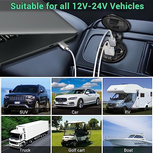 High-Powered 83 W 12 V USB C Car Charger with Smart Voltmeter – Ouffun 65 W PD3.0 & 18 W QC3.0 Fast Charging Adapter for RVs, Marine, and Golf Carts – Durable Aluminum Socket with Integrated Button Switch for Enhanced Device Compatibility and Safety Monitoring