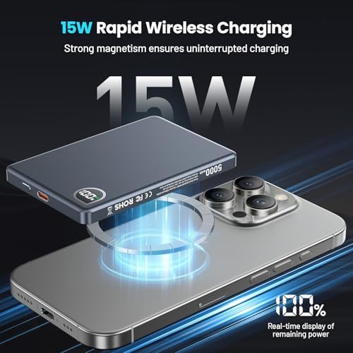 Ultra-Slim 5000 m Ah Magnetic Power Bank with Built-In USB-C Cable – 22.5 W Fast Charging Solution for i Phone 16/15/14/13, Samsung Galaxy, and Android Devices – Lightweight Design, Smart Thermal Regulation, and Universal Compatibility for Effortless On-the-Go Charging