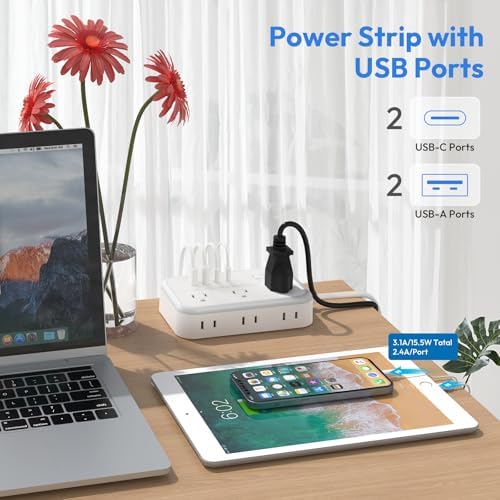 NTONPOWER 6-Outlet Surge Protector Power Strip with 4 USB Charging Ports, Including 2 USB-C Fast Chargers, 5-Foot Flat Plug Extension Cord for Home, Office & Dorm Room – Ultimate Device Protection & Space-Saving Solution