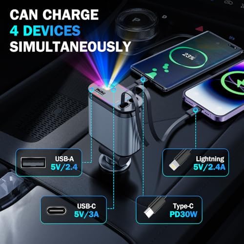 Starlight Enhanced 66 W USB-C Fast Car Charger – 4-in-1 Retractable Adapter with Dual USB Ports for i Phone 16/15/14/13/12/11 & Android Devices – Ultimate Convenience for On-the-Go Charging in Sleek Black Finish