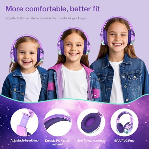 Qear Fun Kids Bluetooth 5.3 Headphones – Ultra-Lightweight Foldable Wireless Headset with Rapid Charging and Integrated Microphone for Seamless School and Travel Listening – Trendy Metallic Gradient Finish for Young Music Lovers – Perfectly Compatible with Tablets and i Pads – Superior Comfort and Sound Quality for Young Listeners