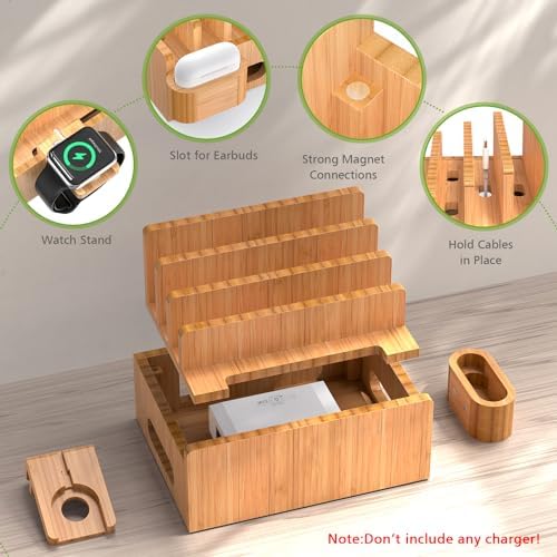 Eco-Friendly Bamboo 5-Port USB Charging Station: Versatile Multi-Device Organizer with Smartwatch and Earbuds Stand for Efficient Power Management – Perfect for Home and Office Use