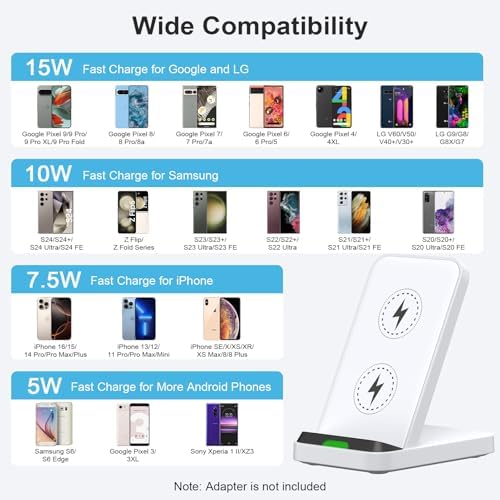 15 W Fast Wireless Charging Stand for Moto G Power 5 G 2024, Edge/Razr 2024, G Stylus 5 G – Compatible with i Phone 16/15, Samsung Galaxy S25/S24 Ultra/S24 FE/S23/S22, Google Pixel 9 Pro/8/7 – Sleek Design with Safety Features for Efficient Charging