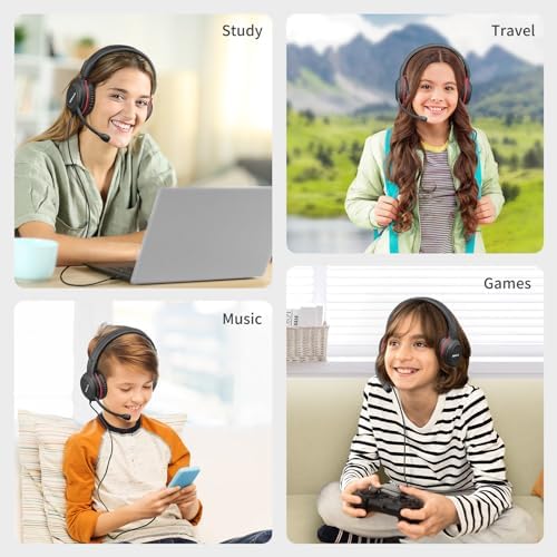 Stylish Pink Kids’ Headphones with Noise-Canceling Boom Mic – Simolio Wired On-Ear Stereo Headset for School, Gaming & Learning – Comfortable, Safe Volume Control & Durable Design for Girls, Teens & Students