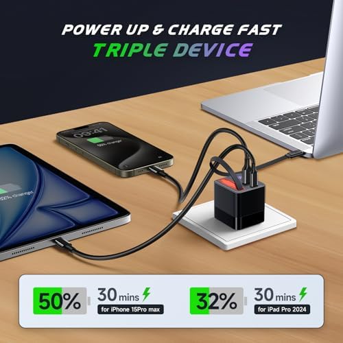 Premium 65 W USB-C Fast Charger with Retractable Cable & Dual USB Ports – Compact Travel Adapter for Seamless Charging of Mac Book, i Phone 16 Pro Max, Galaxy S24 & More – Efficient Power Delivery on the Go