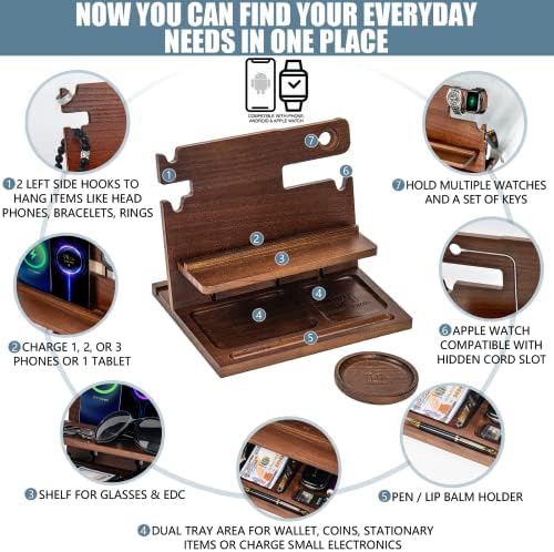 Premium Black Wood Multi-Device Docking Station – Sleek Nightstand Organizer with Hidden Drawer for Valuables, Ideal for Phones, Tablets, Apple Watch, Keys, and EDC Essentials – Streamlined Charging and Elegant Design for Home or Office