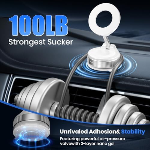 Upgraded 360° Vacuum Magnetic Phone Holder, Suction Cup Phone Mount, Foldable Strong Magnetic Cell Holder for Car/Gym/Mirror/Smooth Surface, Compatible with Magsafe iPhone (White) – Enhanced Compatibility and Speed