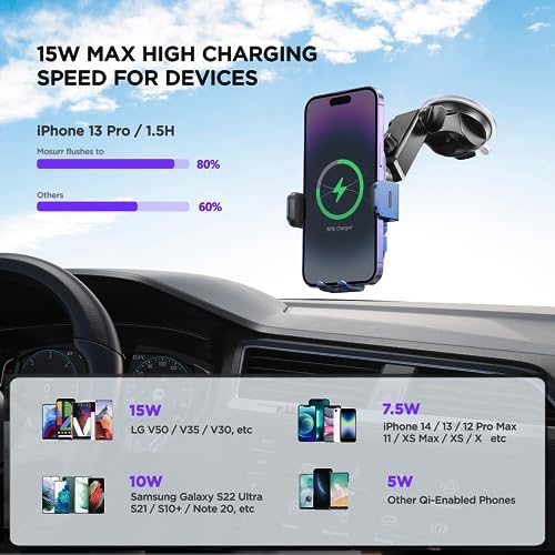 High-Speed Wireless Car Charger with Auto-Clamping Phone Mount and RGB Backlight – 15 W Qi-Compatible Charging for i Phone 15, 14, 13, 12 Mini, Pro Max, 11, XR, X, Samsung Galaxy S23 Ultra, S22, S21+ – Sleek Silver Design for Enhanced Aesthetics and Safety on the Road
