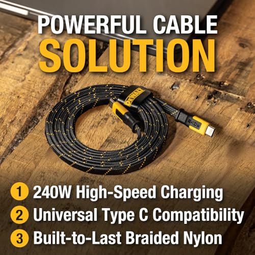 DEWALT Heavy Duty USB C to USB C Fast Charging Cable – 240 W Power Delivery for Rapid Charging, Kevlar Reinforced Design for Ultimate Durability, High-Speed Type-C Compatibility with i Phone 16, Samsung Galaxy, Mac Book, and More – Tangle-Free Flat Cable for Efficient Workspace Organization
