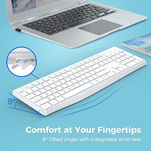 Lovaky Pink White Wireless Keyboard – Ergonomic Full Size Keyboard with Numeric Keypad for Laptops, Desktops, and More – 2.4 G Stable Connection with Enlarged Indicator Lights for Optimal Visibility and Comfort
