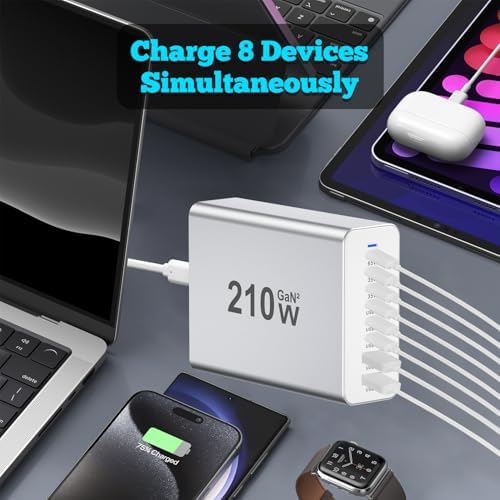 Power Up Your Productivity with the Ultimate 210 W USB-C Fast Charging Hub: Versatile 8-Port Ga N Charging Station with PD 65 W Adapter for Seamless Compatibility Across Mac Book, Dell Laptops, i Phone 16/15, and Galaxy S22/S23 – Your Essential Power Solution for Home and Office Efficiency