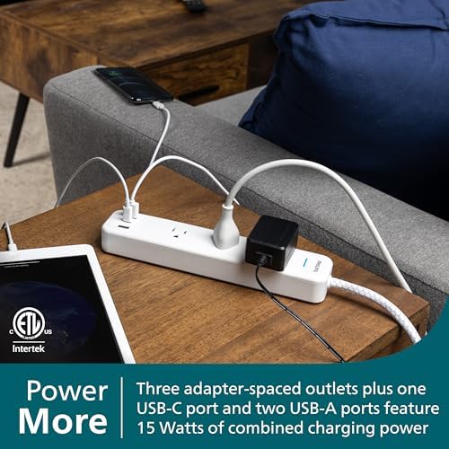 Philips EZFit Surge Protector with 3 Outlet Power Strip and 6 ft Braided Cord – Enhanced Charging Station Featuring 2 USB-A and 1 USB-C, 490 Joules of Surge Protection, Space-Saving Design in Sleek White for Home and Office Use