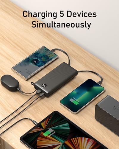 VEEKTOMX 10,000 m Ah Portable Power Bank with Integrated Charging Cables – Slim, Lightweight Fast Charger for i Phone, Samsung, and Android Devices – Essential Travel Companion with Intelligent Charging Technology for On-the-Go Convenience