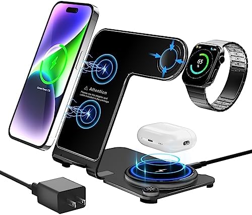 Premium Aluminum Alloy 3-in-1 Wireless Charging Station for i Phone, Apple Watch & Air Pods – Ultra-Fast Power Delivery for i Phone 15 to 11 (Pro, Pro Max), XS, XR – Sleek Minimalist Design for Effortless Clutter-Free Charging Experience