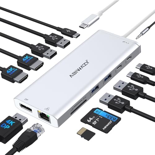 Transform Your Workspace with the Ultimate 14-in-1 USB-C Docking Station – Elevate Productivity with Dual Monitor Support, 2 HDMI & Display Port Outputs, 7 Versatile USB Ports, Stable Ethernet Connectivity, and Audio Output – Ideal for Dell, HP, Lenovo Think Pad & Surface Laptops – Sleek Silver Design for Professional Environments