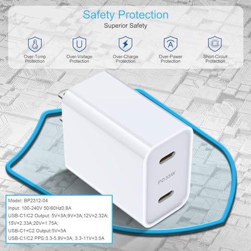Revolutionize Your Charging Experience with the 35 W Dual Port USB-C Power Adapter – Ultra-Fast Charging for Samsung Galaxy S Series and Google Pixel Devices – Comes with 6 FT Durable USB-C Cable for Enhanced Connectivity – Perfect for Active Lifestyles with Compact Portability – Charge Two Devices at Once with 35 W Total Output for Quick Power Restorations – Essential Accessory for Tech Savvy Users Demanding Efficiency and Reliability – Crafted from Premium Materials for Long-Lasting Durability – Upgrade Your Power Solutions with This Versatile Fast Charger Designed for Maximum Compatibility and Rapid Performance.