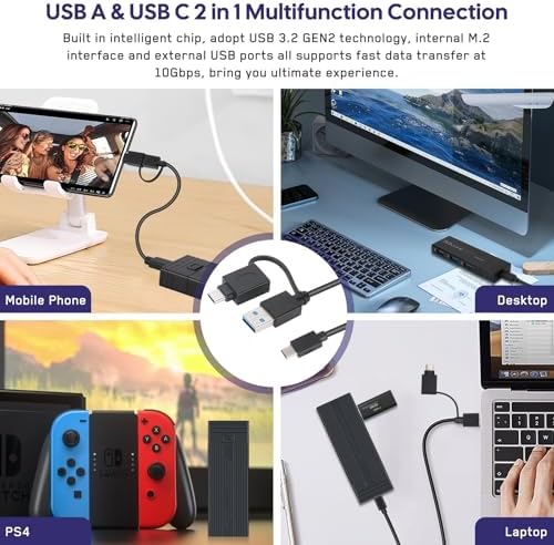Ultra-Fast Aluminum M.2 NVMe SSD Enclosure Adapter – USB 3.2 Gen 2 (10 Gbps) with Triple Type-A Ports, Supports 2242/2260/2280 Sizes, UASP & TRIM for Optimal Performance – Perfect for Gamers & Creative Professionals
