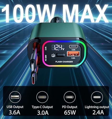 Ultra-Fast 100 W Retractable USB C Car Charger – 4-in-1 Multi-Device Fast Charging Solution with RGB Light for i Phone, Samsung, Android & Laptops – Compact Design for Effortless Portability and Tangle-Free Storage