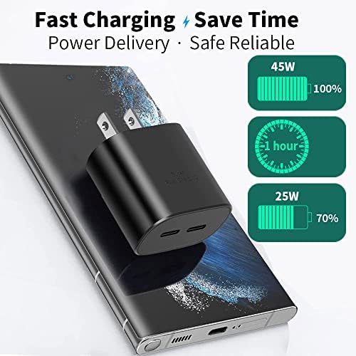 Ultra-Fast 45 W Dual Port USB-C Wall Charger for Samsung Galaxy S Series – Rapid Charging with 5 FT Type C Cable – Perfect for S25, S24, S23 Models – Compact & Portable Power Solution for On-the-Go Charging – Enhanced Compatibility for All Type C Devices