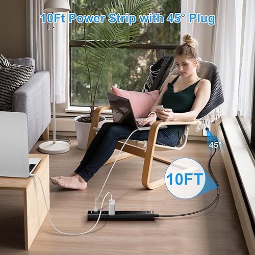 10 FT Surge Protector Power Strip with 5 Outlets & 3 USB Ports (Including 1 USB-C) – 1250 W, 10 A, 700 J Protection for Home Office & Entertainment Setup – Versatile Wall Mount Design for Extended Reach and Fast Charging – 2 Pack Black