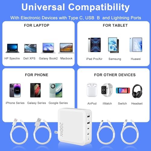 200 W USB C Fast Charger – 4-Port Power Adapter for Mac Book, i Pad, i Phone, Samsung & More – Multi-Device Charging with 4 Cables – Ultimate Efficiency & Compatibility for All Type-C/Lightning/Android Devices