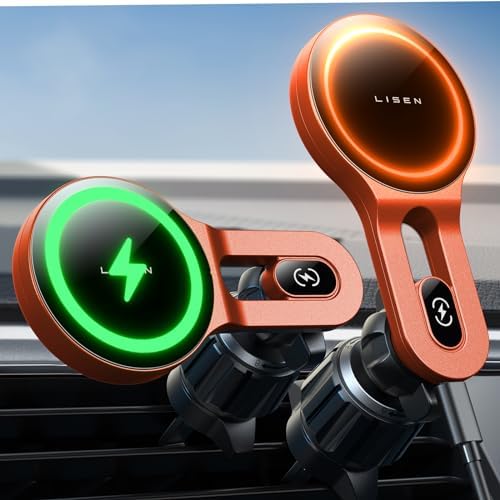 LISEN 15 W Mag Safe Car Mount Charger – Ultra-Fast Magnetic Wireless Phone Holder for i Phone 12-16 & Samsung Devices – Secure Vent Installation, Effortless Navigation & Sleek Design for Modern Drivers – Essential Fast Charging Accessory for On-the-Go Lifestyles