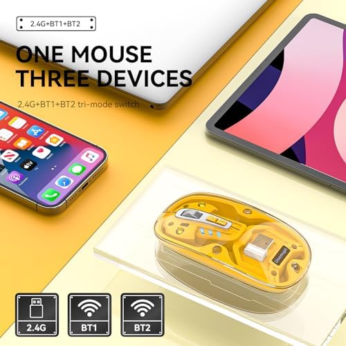 Experience Unmatched Versatility with the Uiosmuph Tri-Mode Bluetooth Mouse – Wireless, USB-C Rechargeable, and Quiet Click Design for Seamless Multi-Device Connectivity – Stylish Transparent Cover and Battery Level Indicator – Perfect for Laptops, Macs, and i Pads – Sleek Yellow Finish for Enhanced Productivity