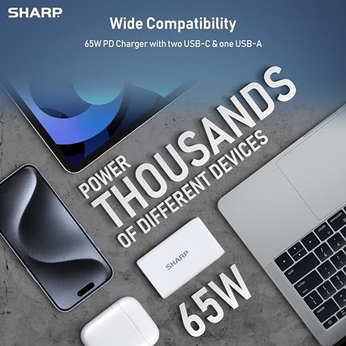 Revolutionize Your Charging Routine with the Sharp 65 W USB-C Multi-Port Wall Charger – Cutting-Edge Ga N Technology Powers Mac Book Pro, i Pad Pro, Galaxy S23, Dell XPS 13, i Phone 15 & More – Three-Port Design for Simultaneous Fast Charging – Compact, Foldable, and Travel-Friendly Solution for Tech Enthusiasts – Ultimate Compatibility for All Your Devices