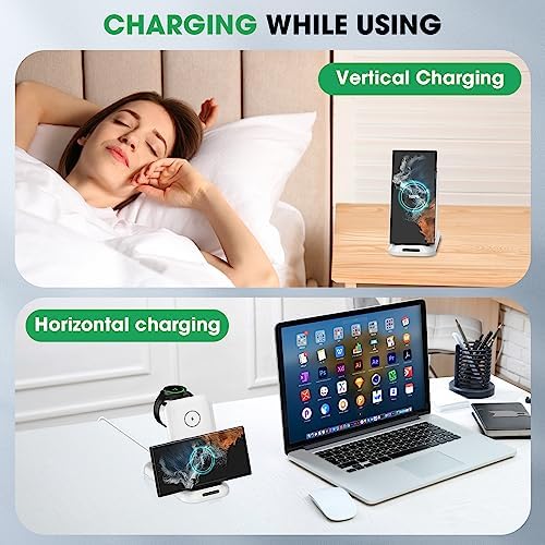 Samsung 3-in-1 Wireless Charging Station for Galaxy Devices – Fast Charge Your S23, S22, S21, Note 20, and More with Integrated Watch and Buds Support (White) – Sleek, Compact Design with Safety Features and Adapter Included