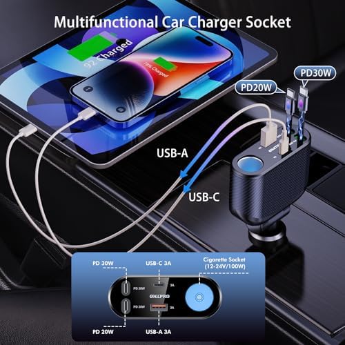 OHLPRO 168 W Retractable Car Charger Adapter – 5-in-1 Fast Charging Solution with Universal USB-C & USB i Ports, Built-in Replaceable Fuse for Enhanced Safety, Ideal for Smartphones, Tablets, GPS & More – Compact Design for Effortless Storage and Convenience