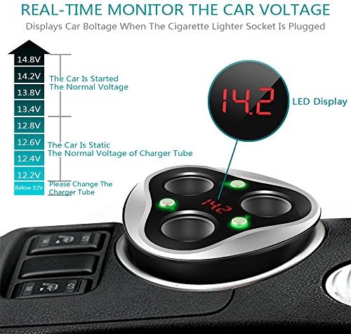 Skyocean Premium 3-Socket Car Cigarette Lighter Splitter & 3 USB Fast Charging Hub | 120 W Dual Voltage DC Power Adapter with Integrated Volt Meter & Energy-Saving On/Off Switch | Perfect for Powering Smartphones, GPS, Dash Cameras & More During Road Trips and Daily Drives