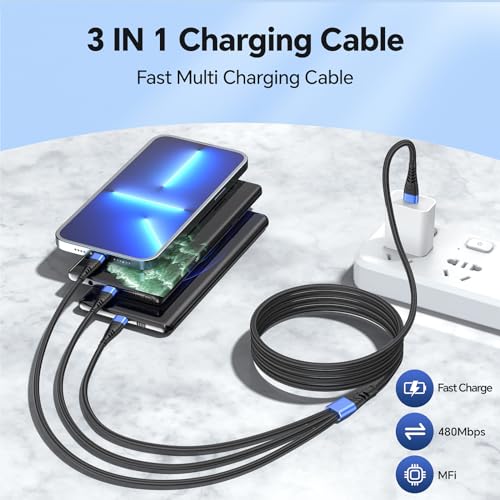 Innovative 4 FT Blue 3-in-1 USB Type C Charger Cable – High-Speed Multi-Device Charging Solution for i Phone 15, i Pads, Samsung & Android – Durable, Stylish, and Efficient Cable for Seamless Everyday Use