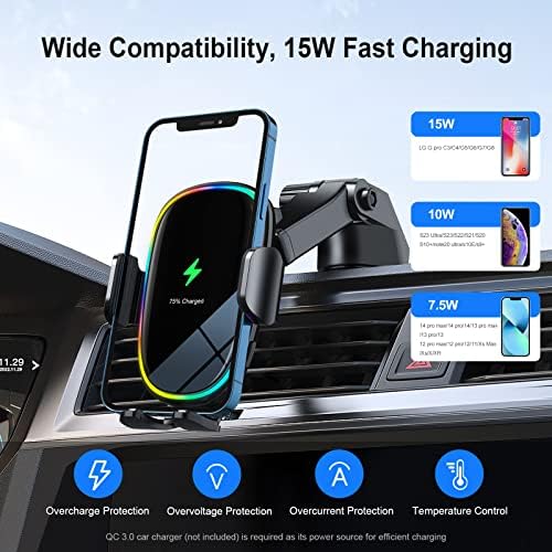 SOARUN Wireless Car Charger Mount with Dynamic 7-Color LED Backlight – 15 W Fast Charging Auto-Clamping Phone Holder for i Phone 14 Pro, 13, 12 & Samsung S23 Ultra, S22 – Enhanced Compatibility & 360-Degree Rotation for Safe Driving and Optimal Viewing