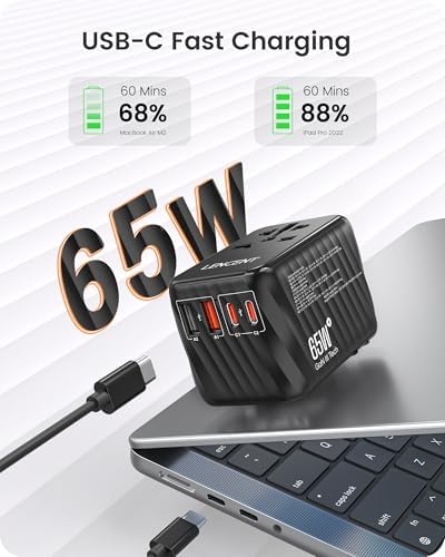 LENCENT 85 W Universal Travel Adapter with Retractable USB-C Cable – High-Speed International Plug Converter Featuring 3 Type-C & 1 USB-A Ports for Effortless Worldwide Charging – Your Ultimate Travel Essential for Maximum Compatibility, Fast Charging, and Ga N Technology Efficiency
