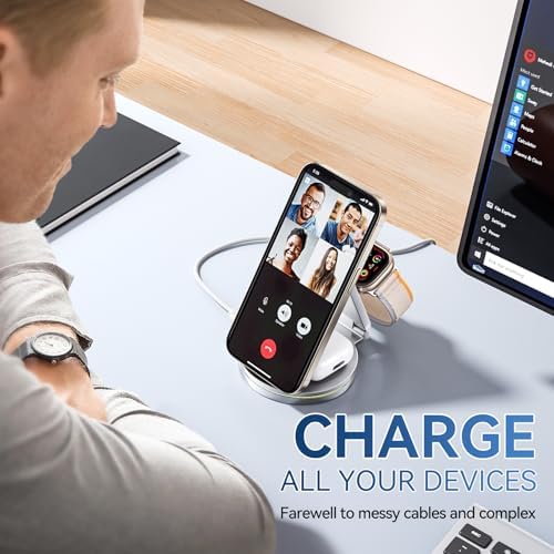 Sleek 3-in-1 Wireless Charging Station for Apple Devices – 15 W Fast Mag-Safe Qi-Certified Portable Charger Stand for i Phone 12/13/14, Apple Watch & Air Pods Pro/2/3 – Adjustable Viewing Angle & Compact Design in Elegant Silver Finish – Ultimate Convenience for Home and Office Use