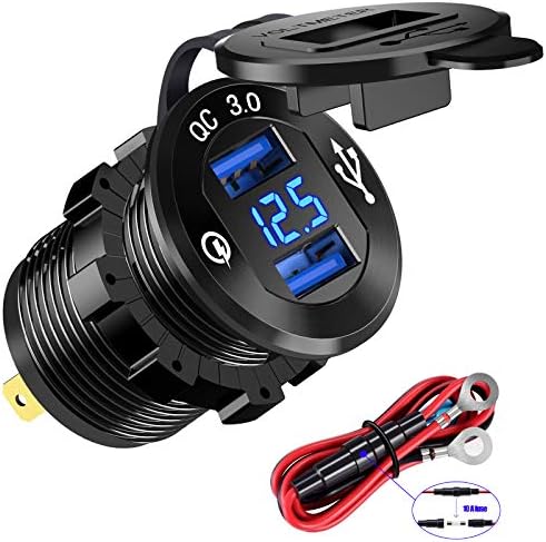 YONHAN 12 V USB Quick Charge 3.0 Dual Charger Socket with Integrated LED Voltmeter – Durable Waterproof Aluminum Adapter for Cars, Trucks, RVs & Marine Use – Rapid On-the-Go Device Charging Solution