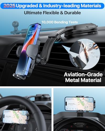 YRU 2025 Upgraded 360° Rotatable Car Phone Holder – Secure Suction Dashboard & Windshield Mount with Flexible Bendable Arm for i Phone 16 Pro Max & 15 – Enhance Driving Safety & Accessibility with Sturdy Design for Uninterrupted Use
