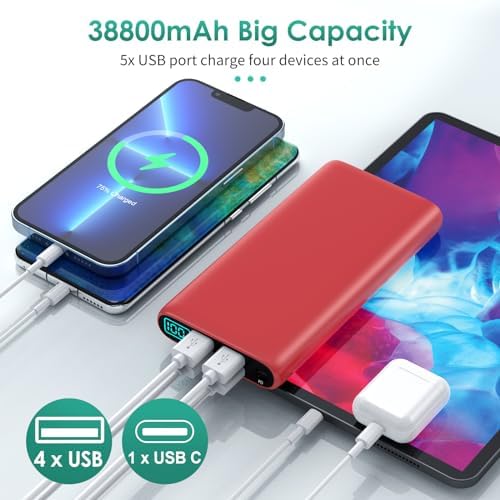 High-Capacity 38800 m Ah Portable Power Bank with LCD Display – Multi-Device Charger Featuring 5 USB Outputs and USB-C Connectivity for Fast Charging – Ideal for i Phone 16/15/14/13 Pro, Samsung Galaxy, Pixel, and Nexus – Ultimate On-the-Go Charging Solution in Blue