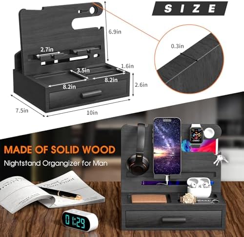 melafa365 Nightstand Organizer for Men,Phone Docking Station with Cable Management,Night Stand with Drawer,Bedside Organizer for Watches,Keys,Wallets,Gifts for Men(Wood) – Enhanced Compatibility and Speed