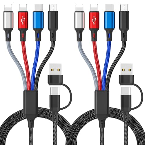 6 in 1 Versatile Multi Charging Cable – 6 Feet of Durable Braided Design with USB A, USB C, Micro USB & i P Connectors for Fast Charging Efficiency – Ideal for Home, Office, and Travel Use – Convenient 2-Pack for Shared Convenience and Backup Solutions