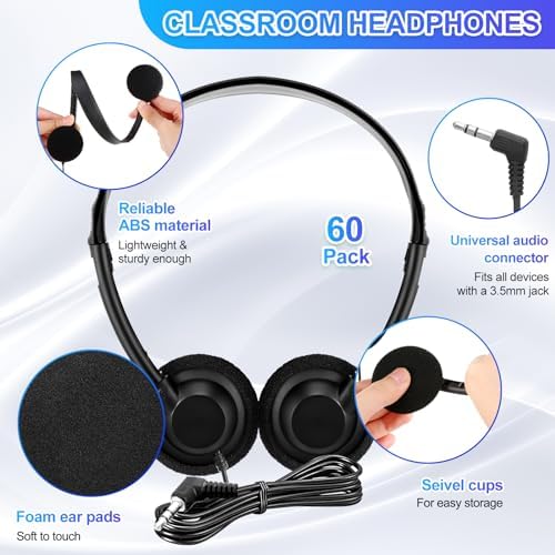 60-Piece Classroom Headphone Set – Adjustable On-Ear Design for All Ages – Noise-Canceling 3.5 mm Audio Jack – Premium Sound for Schools and Libraries – Hygienic, Durable, and Lightweight Headphones for Enhanced Learning Experiences – Perfect for Prolonged Use in Educational Settings