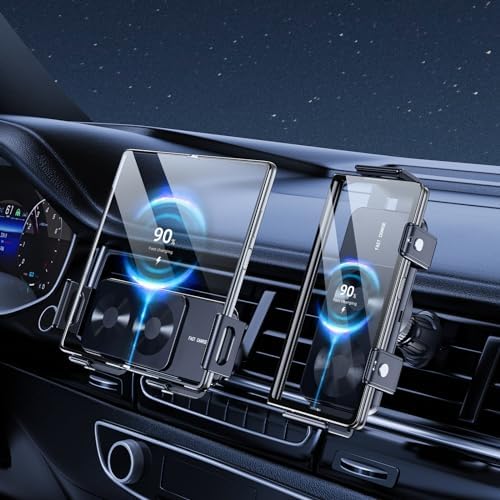 OATSBASF 15 W Qi Wireless Car Charger with Auto Clamping, Air Vent Phone Mount – Fast Charging Compatibility for i Phone 16/15/14/13 & Samsung Galaxy Z Fold 6/5/4 – Effortless Touch Rotation & Secure Hold for Ultimate Driving Convenience