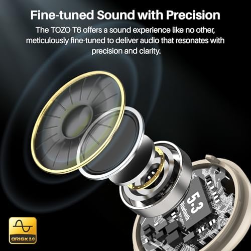 TOZO T6 Bluetooth 5.3 Wireless Earbuds – Immersive Stereo Sound, 50-Hour Playtime, IPX8 Waterproof Design, Customizable EQ via App, Ergonomic Fit – Ideal for Active Lifestyles and Seamless Connectivity