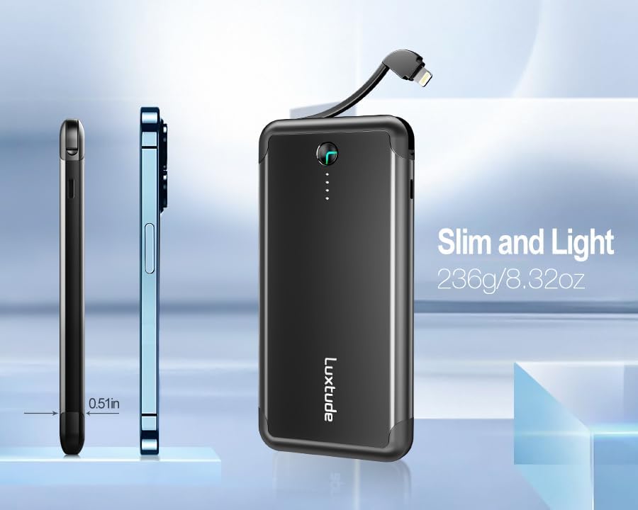Ultra-Slim Luxtude Portable Charger with Built-in MFi Lightning Cable – 5000 m Ah Power Bank for i Phone 14, 13, 12, 11, 10 | Sleek Metal Black Design for Effortless Charging On-the-Go | Lightweight and Durable Phone Battery Pack for Everyday Use