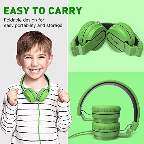 Rockpapa 950 Kids Wired Headphones – Vibrant Black and Green On-Ear Style with Built-in Microphone for Enhanced Online Learning, Foldable for Ultimate Portability, Compatible with Laptops, Tablets, and Chromebooks for Seamless Classroom Engagement and Daily Use