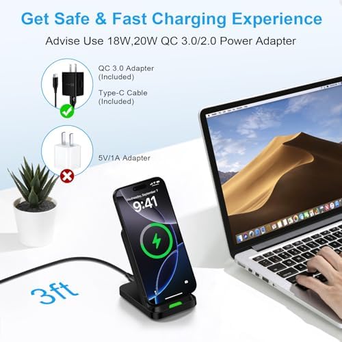 15 W Fast Wireless Charger Stand for Samsung Galaxy S25 Ultra/S25 Plus/i Phone 16 Pro Max/Google Pixel 9 – Ultra-Fast Charging with 3 FT USB Type C Cable & QC 3.0 Adapter – Case Friendly Design for Seamless Power – Ideal Nightstand Solution with Safety Features – Travel-Friendly Lightweight Charger for All Android Devices