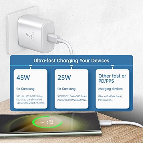 45 W Ultra-Fast Samsung Charger with 6.6 ft Type-C Cable | Power Delivery & Programmable Power Supply for Galaxy S25, S24, S23, S22 Ultra Plus, S21, Note 10, 20, A25, A15, A53, A52, Xcover 6, 7, Z Fold & Flip | Efficient Charging Block for Enhanced Device Longevity | Sleek Black Design for Modern Aesthetics