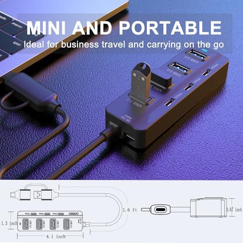 Maximize Your Connectivity with the 7-Port USB 3.0 Hub – High-Speed Multiport Adapter for Thunderbolt 3/4 | Long USB-C Cable for Effortless Access | Ideal for Mac Book, i Mac & Surface Pro | Compact, Travel-Friendly Design for Home & Office Use