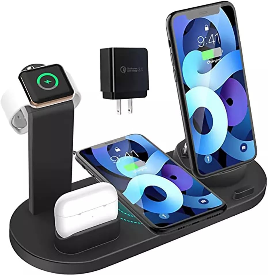 Ultimate 4-in-1 Wireless Charging Station for i Phone, Samsung Galaxy, Air Pods & Apple Watch – Sleek Black Design for Fast, Efficient Multi-Device Power Management and Clutter-Free Convenience