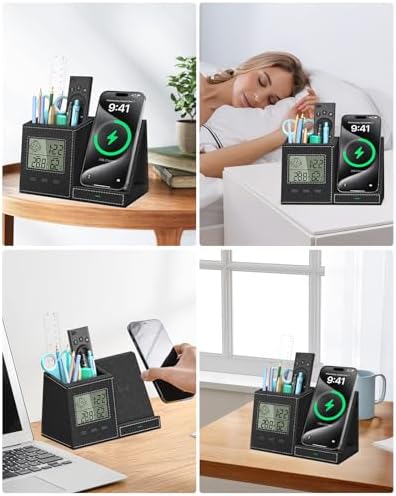 Multi-Functional Desk Organizer with Wireless Charging, Digital Thermometer & Humidity Monitor – Stylish Brown Pen Holder for Home Office Efficiency and Clutter-Free Workspace